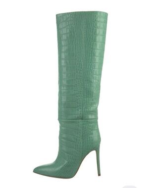 PARIS TEXAS Embossed Croc Leather Pointed Toe Mint Green Knee High Boots size 35